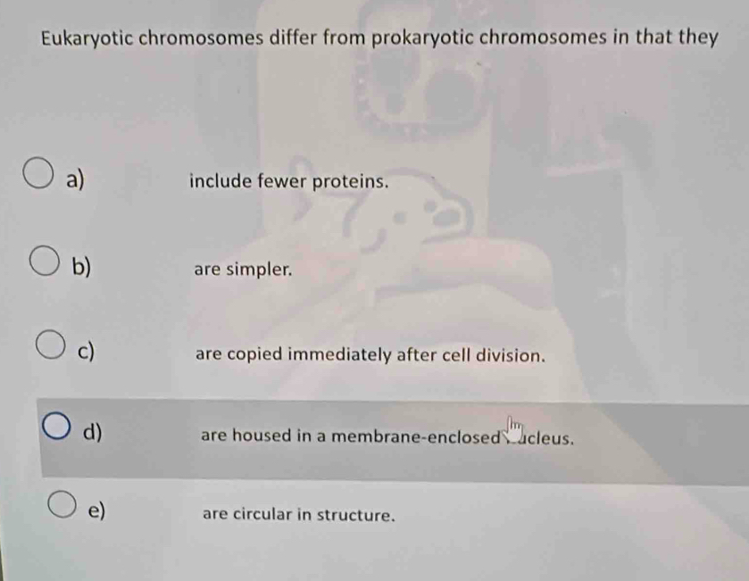 Eukaryotic chromosomes differ from prokaryotic chromosomes in that they
a) include fewer proteins.
b) are simpler.
c)
are copied immediately after cell division.
d) are housed in a membrane-enclosed acleus.
e) are circular in structure.