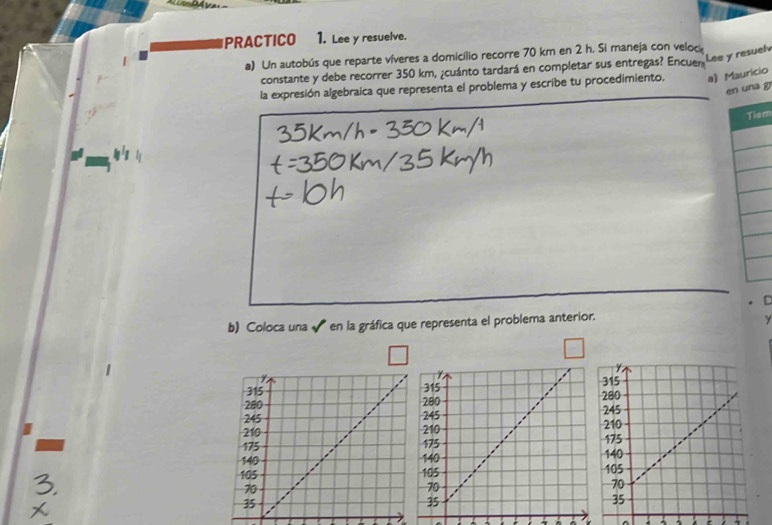 PRACTICO 1. Lee y resuelve. 
Lee y resuel 
a) Un autobús que reparte víveres a domicilio recorre 70 km en 2 h. Si maneja con velock 
constante y debe recorrer 350 km, ¿cuánto tardará en completar sus entregas? Encuem 
la expresión algebraica que representa el problema y escribe tu procedimiento, a) Maurício 
e g 
am 
[ 
b) Coloca una en la gráfica que representa el problema anterior. 

- ^ ^ .