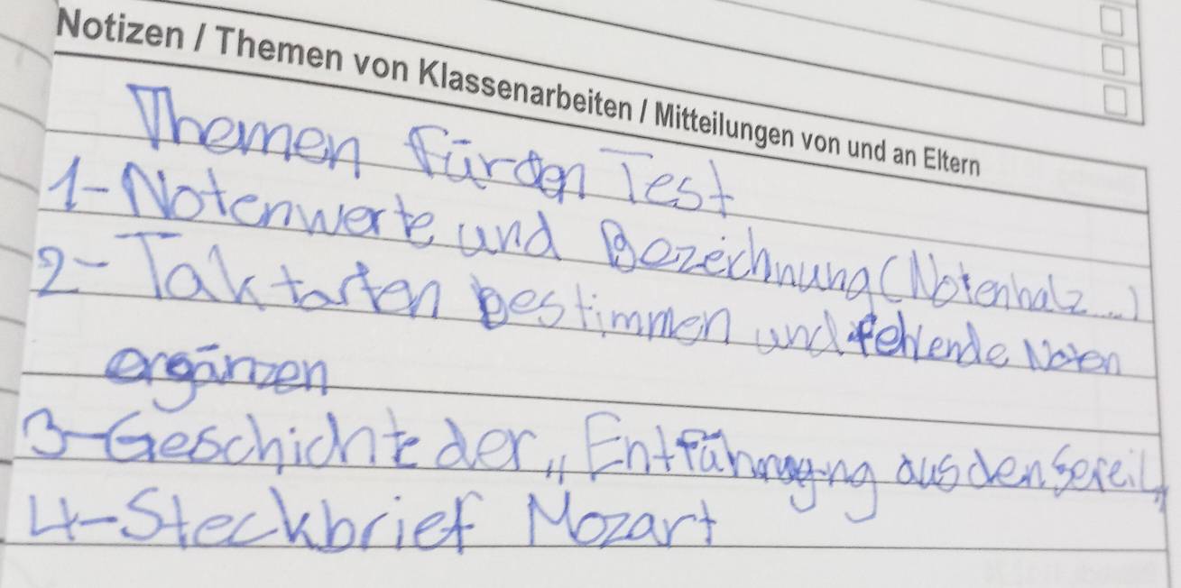 Notizen / Themen von Klassenarbeiten / Mitteilungen von und an Eltern