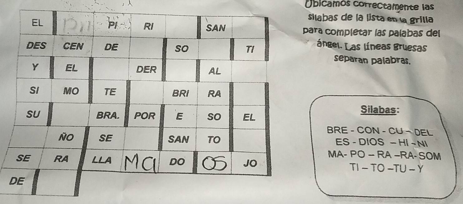 Resuelto:Obicamós correctamente las silabas de la lista en la grilía ...