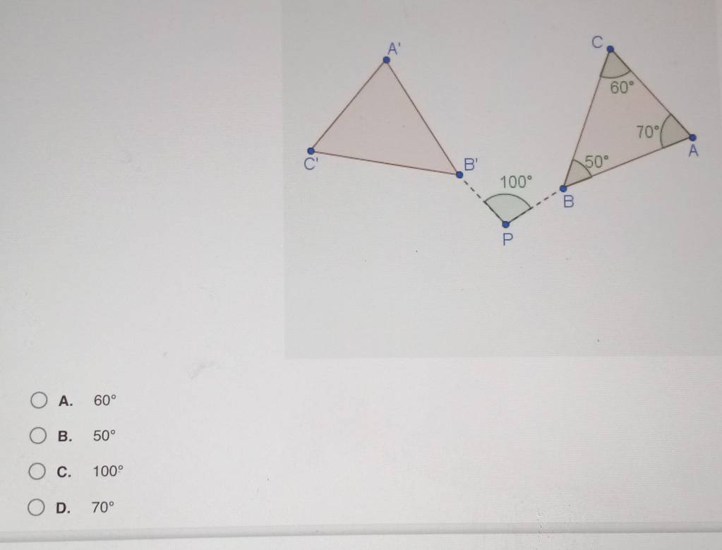 A. 60°
B. 50°
C. 100°
D. 70°