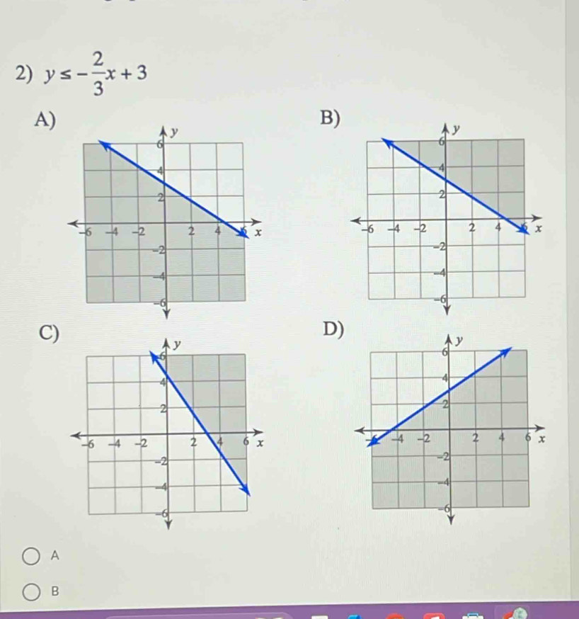 y≤ - 2/3 x+3
A)
B)
C)
D)
A
B