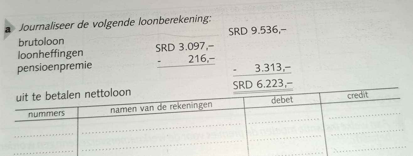 a Journaliseer de volgende loonberekening:
SRD 9.536,-
brutoloon
loonheffingen
pensioenpremie
beginarrayr SRD3.097,- -216,- hline endarray
beginarrayr _ -3.313- _ 58D6.223- hline endarray