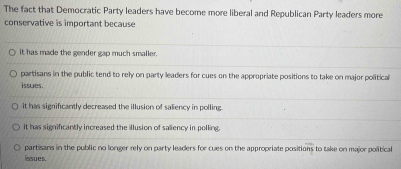 Solved: The fact that Democratic Party leaders have become more liberal ...
