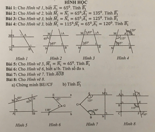 hình học
Bài 1: Cho Hình vẽ /, biết widehat A_1=65°. Tính widehat B_1
Bài 2: Cho Hình vẽ 2, biết widehat M_1=widehat N_1=65^0;widehat A_1=135^0. Tính widehat B_1
Bài 3: Cho Hình vẽ 3, biết widehat M_1=widehat N_1=65°;widehat A_1=125°. Tính widehat B_1
Bài 4: Cho Hình vẽ 3, biết widehat M_1=115^0;widehat N_1=65^0,widehat A_1=120^0. Tính widehat B_1
Hình 1 Hình 2 Hình 3 Hình 4
Bài 5: Cho Hình vẽ 5, widehat M_1=widehat N_1=65° Tính widehat B_1
Bài 6: Cho Hình vẽ 6, biết a//b. Tính số đo x
Bài 7: Cho Hình vẽ 7. Tính widehat AOB
Bài 8: Cho Hình vẽ 8.
a) Chứng minh BE//CF b) Tính widehat D_1
A M
125°
140°
N
B
Hình 5 Hình 6 Hình 7 Hình 8