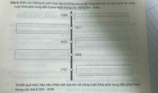 Điển các thông tin phù hợp vào ô trống của sơ đồ tổng kết một số nét chính về công 
cuộc khai phá vùng đất ở phía Nam trong các thế kỉ XVI - XVIII.
1558
_ 
_ 
_ 
1611 
_ 
1653 
_ 
_ 
_ 
_ 
1658 
1757 
_ 
_ 
Từ kết quả trên, hãy nêu nhận xét của em về công cuộc khai phá vùng đất phía Nam 
trong các thế kỉ XVI - XVIII.