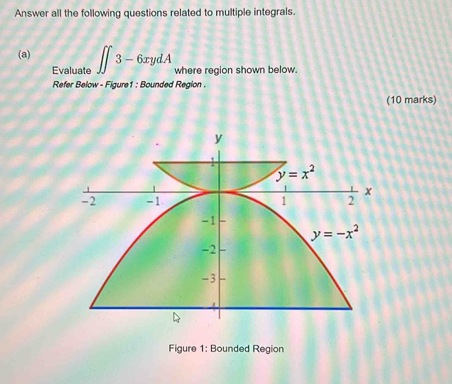 Answer all the following questions related to multiple integrals.
(a)
Evaluate ∈t ∈t 3-6xydA where region shown below.
Refer Below - Figure1 : Bounded Region .
(10 marks)
Figure 1: Bounded Region