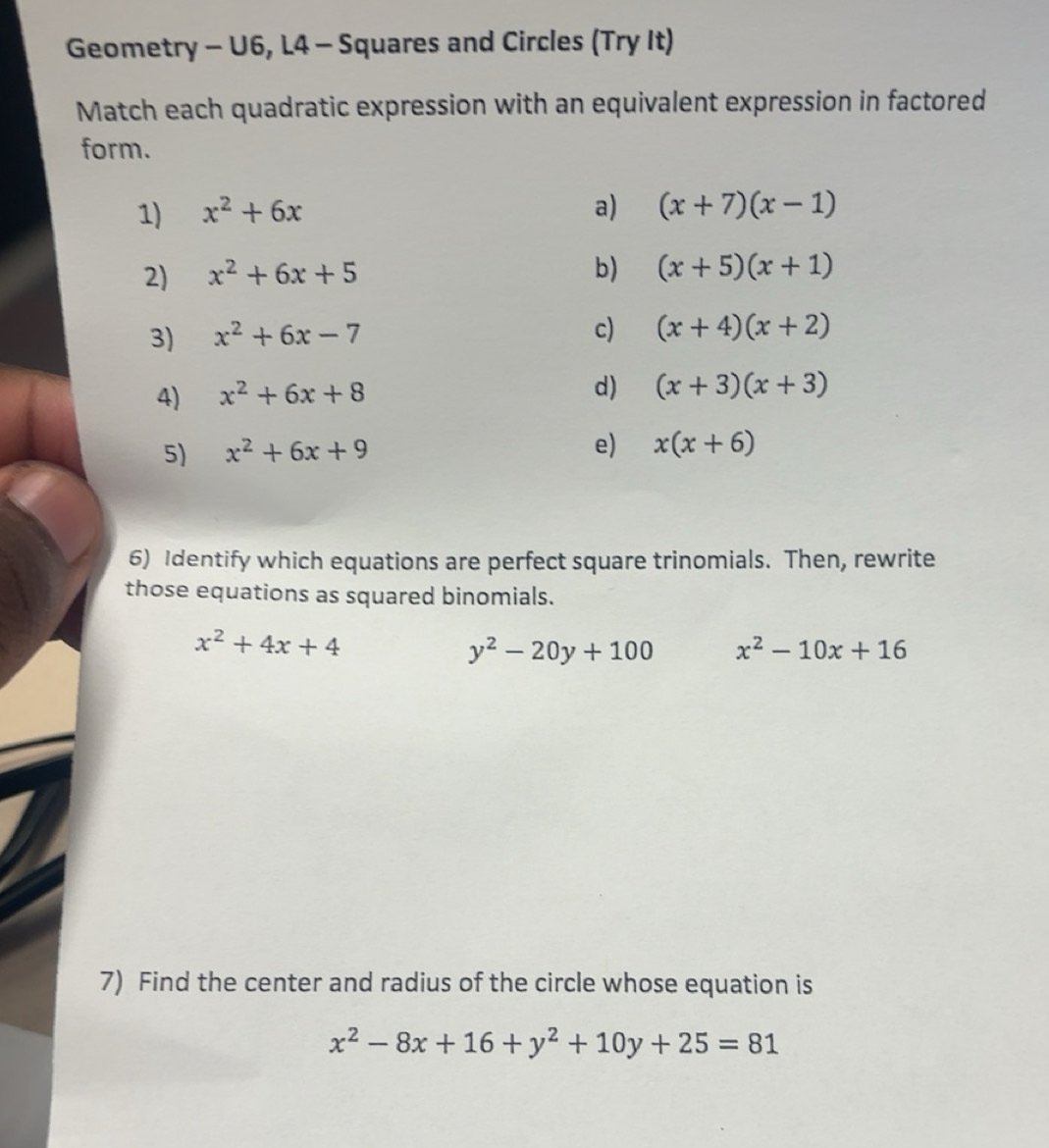 Solved: Geometry - U6, L4 - Squares and Circles (Try It) Match each ...
