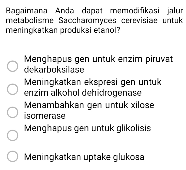 Bagaimana Anda dapat memodifıkasi jalur
metabolisme Saccharomyces cerevisiae untuk
meningkatkan produksi etanol?
Menghapus gen untuk enzim piruvat
dekarboksilase
Meningkatkan ekspresi gen untuk
enzim alkohol dehidrogenase
Menambahkan gen untuk xilose
isomerase
Menghapus gen untuk glikolisis
Meningkatkan uptake glukosa