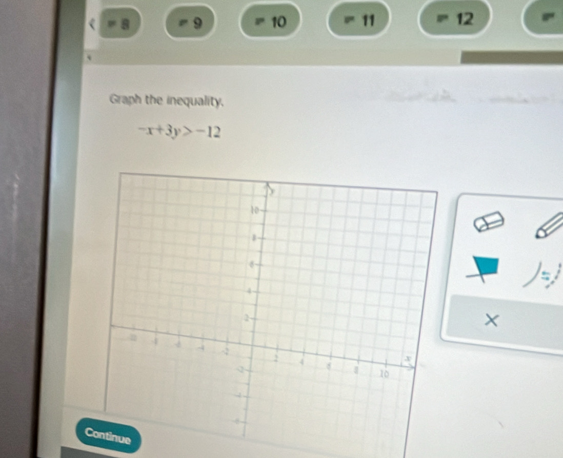 9 
10 
11 
12 
Graph the inequality.
-x+3y>-12