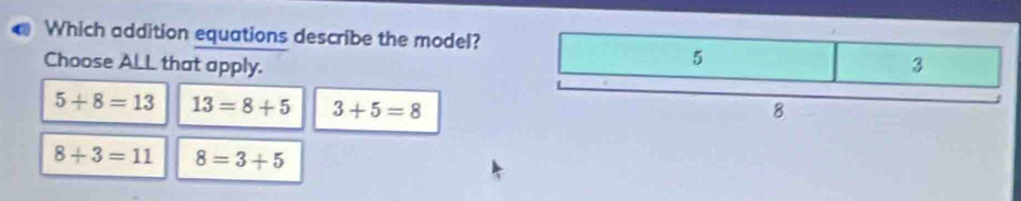 Which addition equations describe the model?
Choose ALL that apply.
5+8=13 13=8+5 3+5=8
8+3=11 8=3+5