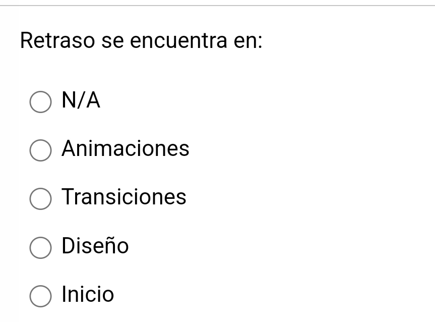 Retraso se encuentra en:
N/A
Animaciones
Transiciones
Diseño
Inicio