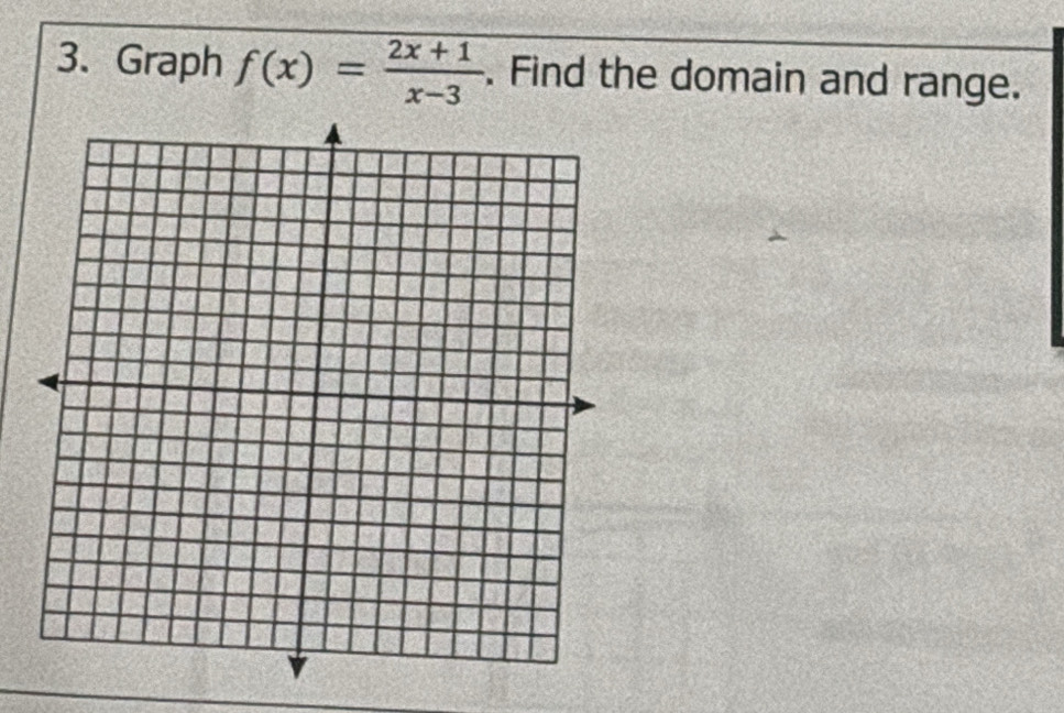 Graph f(x)= (2x+1)/x-3 . Find the domain and range.