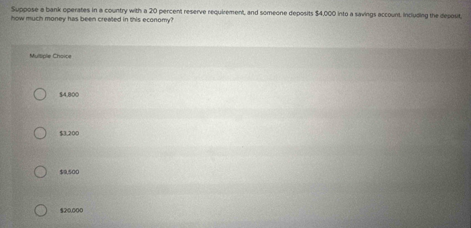 Suppose a bank operates in a country with a 20 percent reserve requirement, and someone deposits $4,000 into a savings account. Including the deposit.
how much money has been created in this economy?
Multiple Choice
$4,800
$3,200
$9,500
$20,000