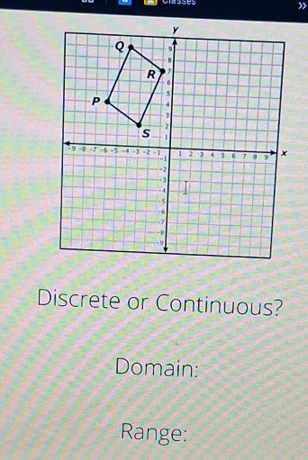 Classes 
Discrete or Continuous? 
Domain: 
Range: