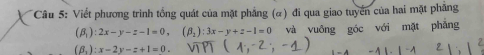 Viết phương trình tồng quát của mặt phẳng (α) đi qua giao tuyến của hai mặt phăng
(beta _1):2x-y-z-1=0, (beta _2):3x-y+z-1=0 và vuông góc với mặt phǎng
(beta _3):x-2y-z+1=0.