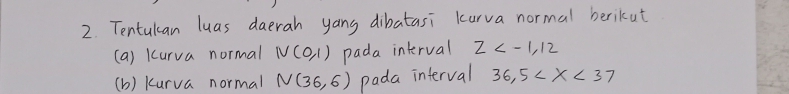 Tentulan luas daerah yang dibatasi Karva normal berikut 
(a) Kurva normal N(0,1) pada interval z
(b) kurva normal N(36,6) pada interval 36,5