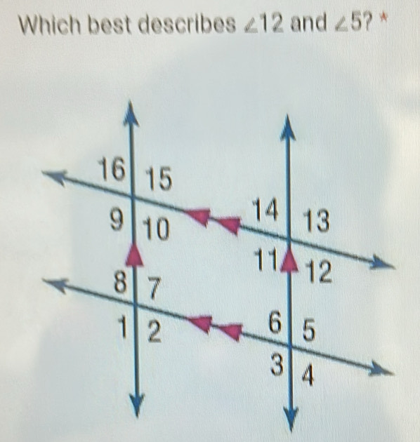 Which best describes ∠ 12 and ∠ 5 ? *