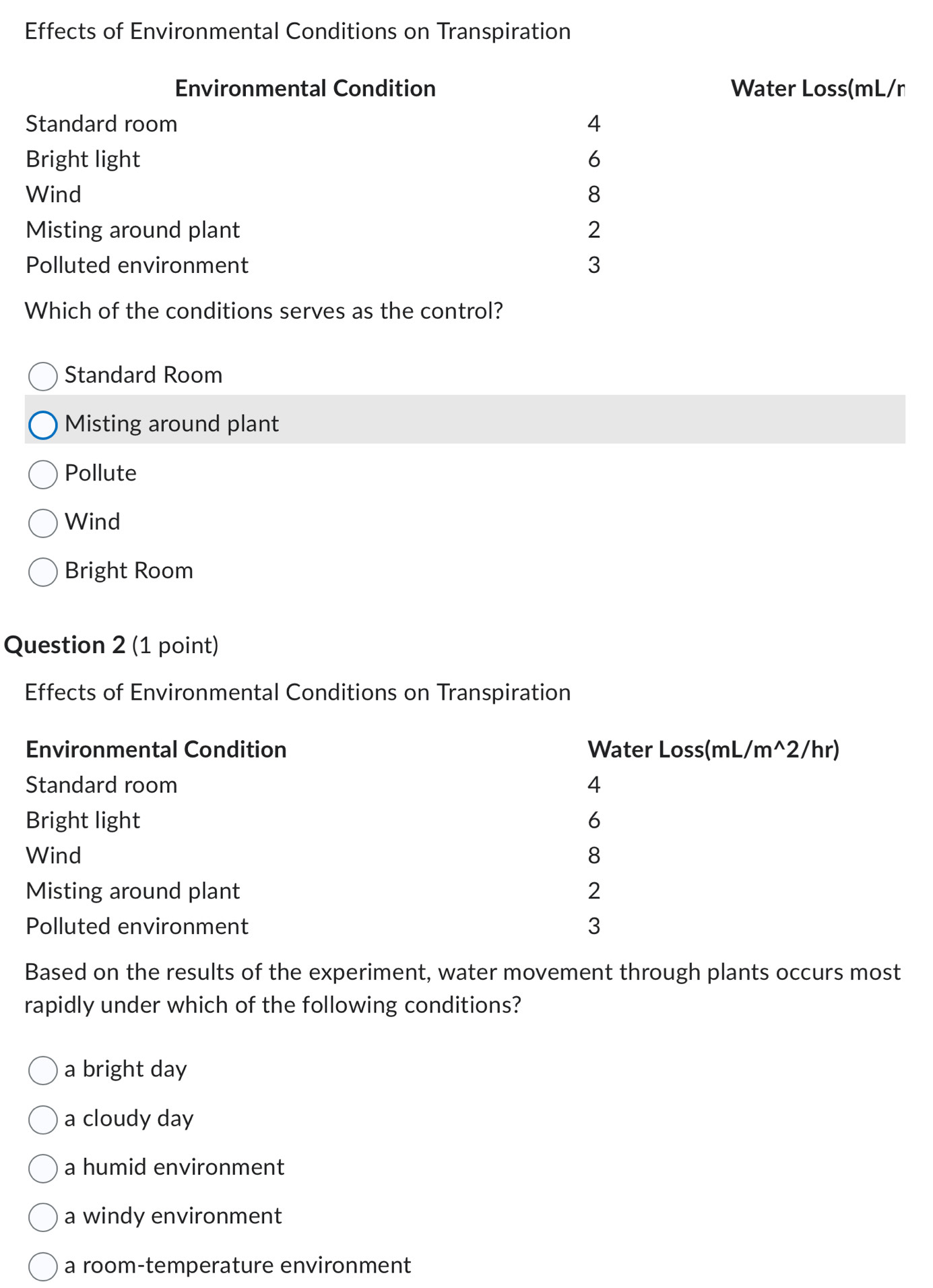 Effects of Environmental Conditions on Transpiration
Environmental Condition Water Loss(mL/n
Standard room 4
Bright light 6
Wind 8
Misting around plant 2
Polluted environment 3
Which of the conditions serves as the control?
Standard Room
Misting around plant
Pollute
Wind
Bright Room
Question 2 (1 point)
Effects of Environmental Conditions on Transpiration
Environmental Condition Water Loss(mL) m^(wedge)2 /hr)
Standard room 4
Bright light 6
Wind 8
Misting around plant 2
Polluted environment 3
Based on the results of the experiment, water movement through plants occurs most
rapidly under which of the following conditions?
a bright day
a cloudy day
a humid environment
a windy environment
a room-temperature environment