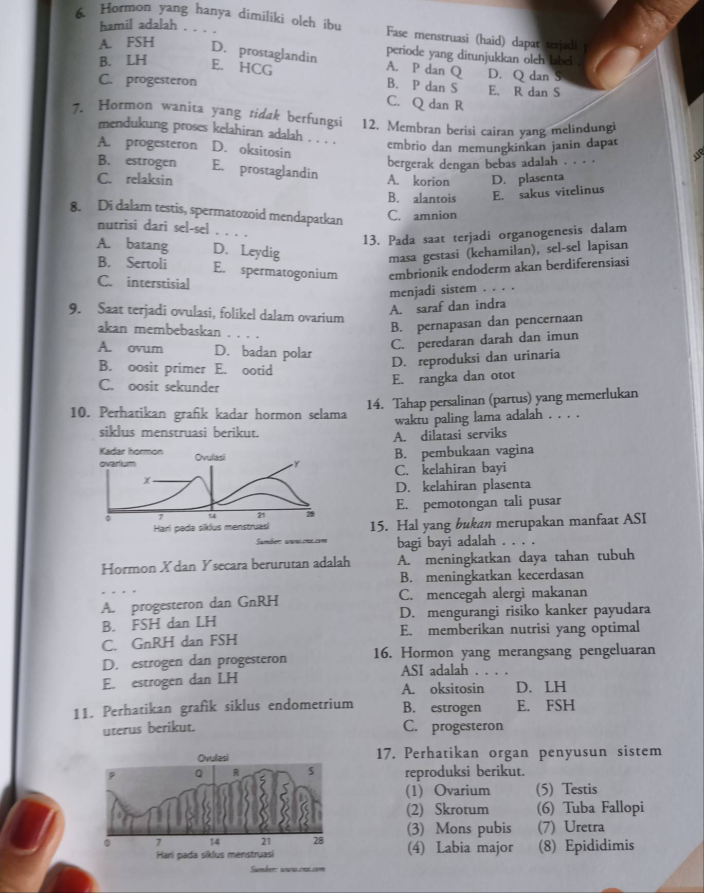 hamil adalah     
6. Hormon yang hanya dimiliki oleh ibu Fase menstruasi (haid) dapat terjadi
A. FSH
periode yang ditunjukkan oleh label .
D. prostaglandin A. P dan Q
E. HCG
B. LH D. Q dan S
B. P dan S
C. progesteron E. R dan S
C. Q dan R
7. Hormon wanita yang tidak berfungsi 12. Membran berisi cairan yang melindungi
mendukung proses kelahiran adalah . . . . embrio dan memungkinkan janin dapat we
A. progesteron D. oksitosin
bergerak dengan bebas adalah . . . .
B. estrogen E. prostaglandin
C. relaksin A. korion D. plasenta
B. alantois E. sakus vitelinus
8. Di dalam testis, spermatozoid mendapatkan C. amnion
nutrisi dari sel-sel . . . .
13. Pada saat terjadi organogenesis dalam
A. batang D. Leydig
masa gestasi (kehamilan), sel-sel lapisan
B. Sertoli E. spermatogonium embrionik endoderm akan berdiferensiasi
C. interstisial
menjadi sistem . . . .
9. Saat terjadi ovulasi, folikel dalam ovarium
A. saraf dan indra
akan membebaskan .
B. pernapasan dan pencernaan
A. ovum D. badan polar
C. peredaran darah dan imun
B. oosit primer E. ootid
D. reproduksi dan urinaria
C. oosit sekunder
E. rangka dan otot
10. Perhatikan grafik kadar hormon selama 14. Tahap persalinan (partus) yang memerlukan
siklus menstruasi berikut. waktu paling lama adalah . . . .
A. dilatasi serviks
B. pembukaan vagina
C. kelahiran bayi
D. kelahiran plasenta
E. pemotongan tali pusar
Hari pada 15. Hal yang bukan merupakan manfaat ASI
Samber sn crecom bagi bayi adalah . . . .
Hormon X dan Ysecara berurutan adalah A. meningkatkan daya tahan tubuh
B. meningkatkan kecerdasan
A. progesteron dan GnRH
C. mencegah alergi makanan
B. FSH dan LH D. mengurangi risiko kanker payudara
E. memberikan nutrisi yang optimal
C. GnRH dan FSH
16. Hormon yang merangsang pengeluaran
D. estrogen dan progesteron
ASI adalah . . . .
E. estrogen dan LH
A. oksitosin D. LH
11. Perhatikan grafik siklus endometrium B. estrogen E. FSH
uterus berikut. C. progesteron
17. Perhatikan organ penyusun sistem
reproduksi berikut.
(1) Ovarium (5) Testis
(2) Skrotum (6) Tuba Fallopi
(3) Mons pubis (7) Uretra
(4) Labia major
(8) Epididimis