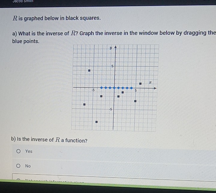 Jacob Smith
R is graphed below in black squares.
a) What is the inverse of ? Graph the inverse in the window below by dragging the
blue points.
b) Is the inverse of R a function?
Yes
No