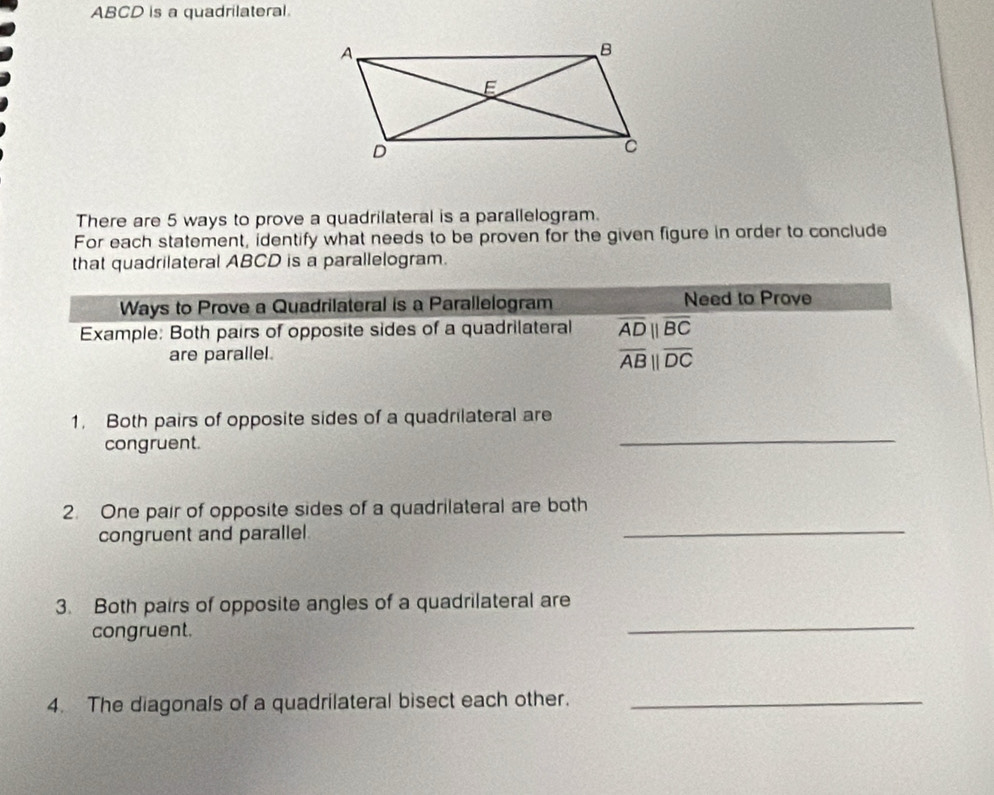 ABCD is a quadrilateral. 
There are 5 ways to prove a quadrilateral is a parallelogram. 
For each statement, identify what needs to be proven for the given figure in order to conclude 
that quadrilateral ABCD is a parallelogram. 
Ways to Prove a Quadrilateral is a Parallelogram Need to Prove 
Example: Both pairs of opposite sides of a quadrilateral overline ADparallel overline BC
are parallel. overline AB||overline DC
1. Both pairs of opposite sides of a quadrilateral are 
congruent. 
_ 
2. One pair of opposite sides of a quadrilateral are both 
congruent and parallel 
_ 
3. Both pairs of opposite angles of a quadrilateral are 
congruent. 
_ 
4. The diagonals of a quadrilateral bisect each other._