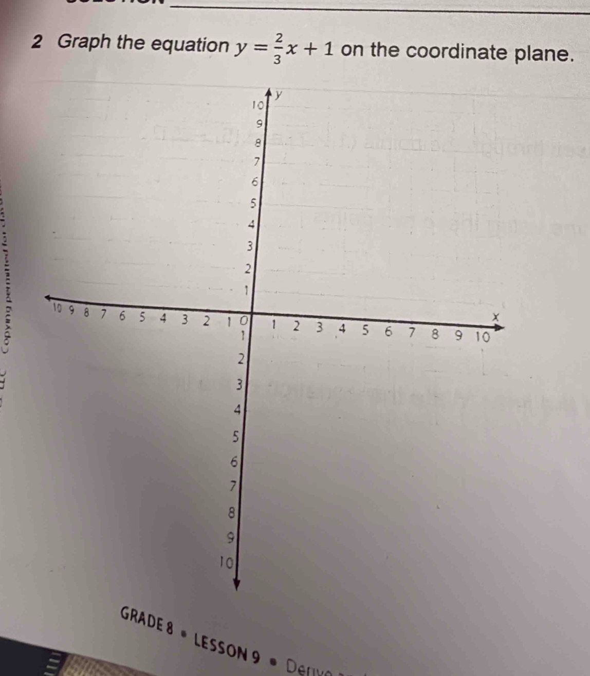 Graph the equation y= 2/3 x+1 on the coordinate plane. 
GRADE 8 * LESSON 9