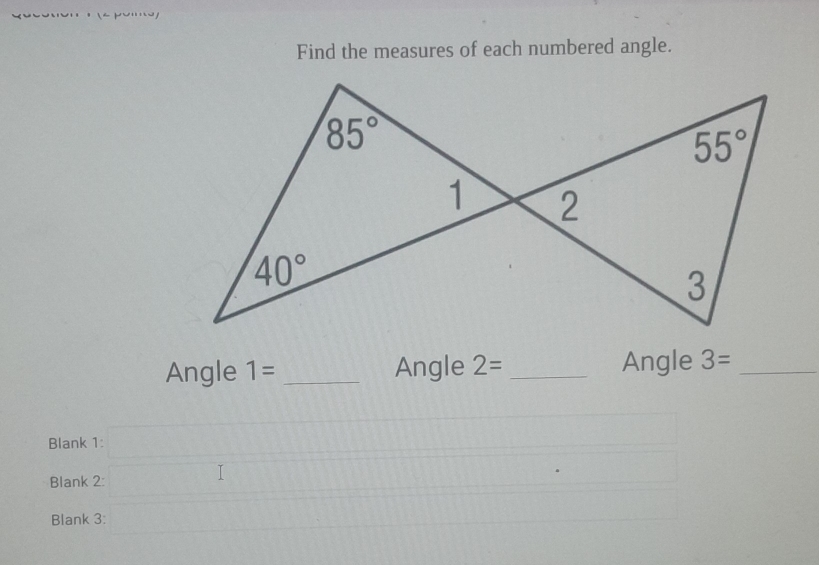 Find the measures of each numbered angle.
Angle 1= _Angle 2= _Angle 3= _
Blank 1: □
Blank 2: □ 13,11 □ 
Blank 3: _ -1=∠ CDOQ=90° CDES (□)°