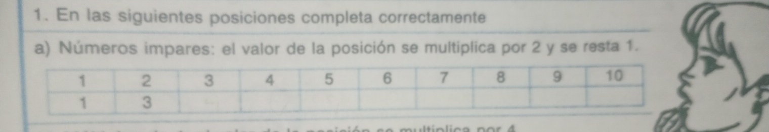 En las siguientes posiciones completa correctamente 
a) Números impares: el valor de la posición se multiplica por 2 y se resta 1.