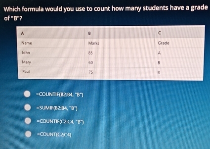 Which formula would you use to count how many students have a grade
of "B"?
=COUNTIF(B2:B4, "B")
=SUMIF(B2:84, "B")
=COUNTIF(C2:C4, "B")
=COUNT(C2:C4)