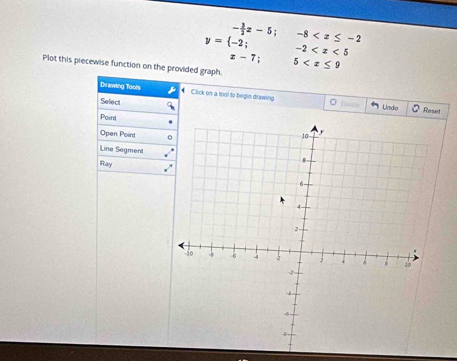 y=beginarrayl - 3/2 x-5;-8
Plot this piecewise function on the provided graph. 
Drawing Tools Click on a tool to begin drawing 
Select 
Undo Reset 
Point 
Open Point 
Line Segment 
Ray