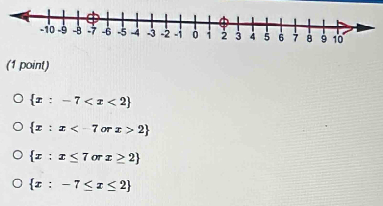  x:-7
 x:x or x>2
 x:x≤ 7 or x≥ 2
 x:-7≤ x≤ 2