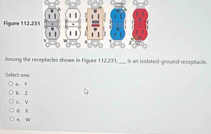 Among the receptacles shown in Figure 112.231,_ is an isolated-ground receptacle.
Select one:
a. Y
b. Z
c. V
d. X
e. W