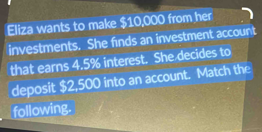 Eliza wants to make $10,000 from her 
investments. She finds an investment account 
that earns 4.5% interest. She decides to 
deposit $2,500 into an account. Match the 
following.