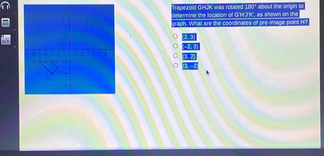 sqrt(x)
(2,3)
(-2,3)
(3,2)
(3,-2)