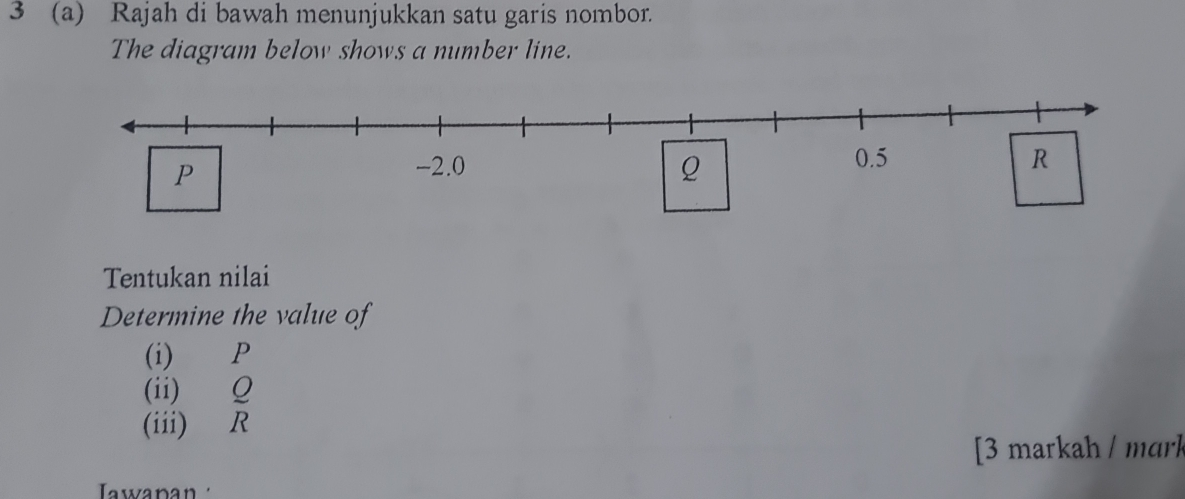 3 (a) Rajah di bawah menunjukkan satu garis nombor. 
The diagram below shows a number line. 
Tentukan nilai 
Determine the value of 
(i) P
(ii) Q
(iii) R
[3 markah / mɑrk 
Tawanan