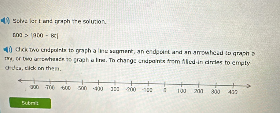 Solve for t and graph the solution.
800>|800-8t|
Click two endpoints to graph a line segment, an endpoint and an arrowhead to graph a 
ray, or two arrowheads to graph a line. To change endpoints from filled-in circles to empty 
circles, click on them. 
Submit