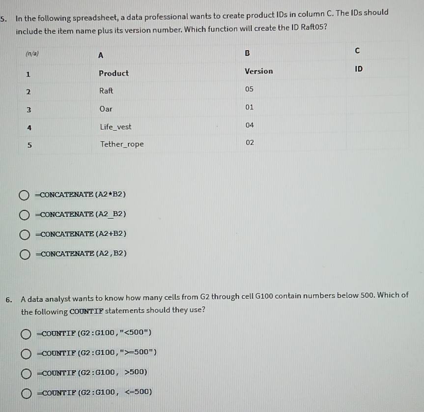 In the following spreadsheet, a data professional wants to create product IDs in coIumn C. The IDs should
include the item name plus its version number. Which function will create the ID Raft05?
=CONCATENATE (A2*B2
==CONCATENATE (A 2B2
=CONCATE NATE(A2+B2)
=CONCATENA TE (A2,B2)
6. A data analyst wants to know how many cells from G2 through cell G100 contain numbers below 500. Which of
the following COUNTIF statements should they use?
=COUNTIF(G2:G100,''<500'')
=COUNTIF(G2:G100,''>=500^n)
=COUNTIF(G2:G100,>500)
=COUNTIF(G2:G100,