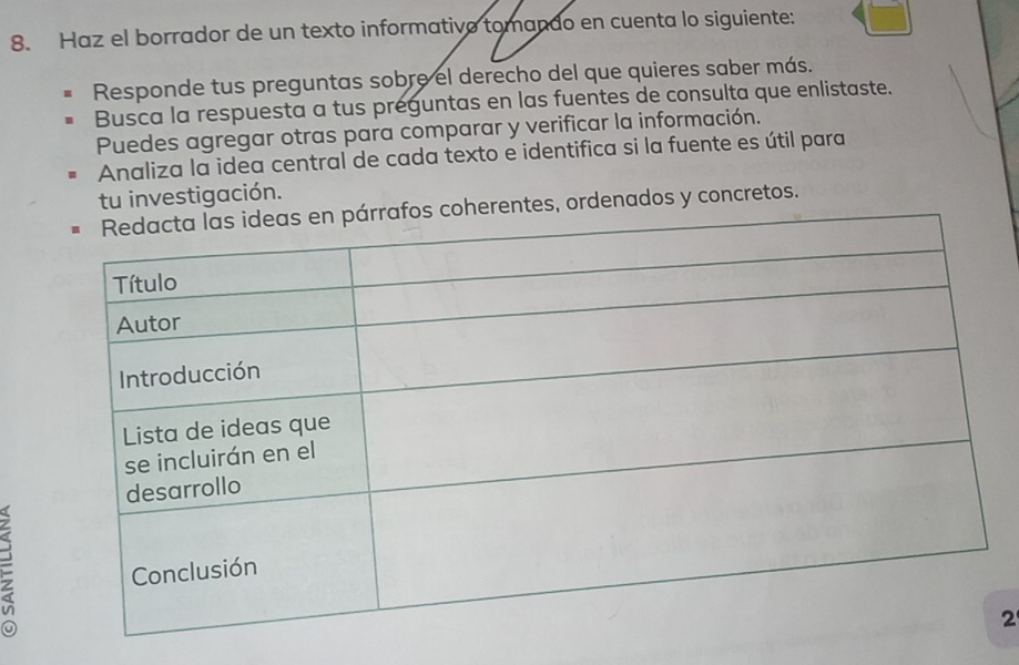 Haz el borrador de un texto informativo tomando en cuenta lo siguiente: 
Responde tus preguntas sobre el derecho del que quieres saber más. 
Busca la respuesta a tus preguntas en las fuentes de consulta que enlistaste. 
Puedes agregar otras para comparar y verificar la información. 
Analiza la idea central de cada texto e identifica si la fuente es útil para 
tu investigación. 
s coherentes, ordenados y concretos. 
= 
2