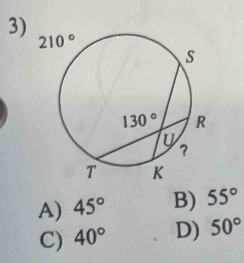 A) 45°
B) 55°
C) 40°
D) 50°