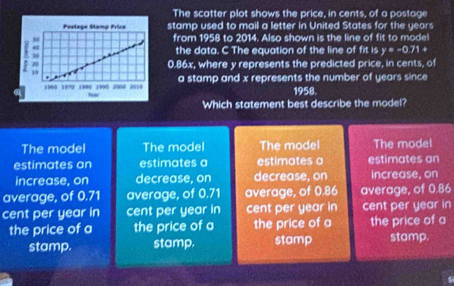 The scatter plot shows the price, in cents, of a postage
stamp used to mail a letter in United States for the years
from 1958 to 2014. Also shown is the line of fit to model
the data. C The equation of the line of fit is y=-0.71 +
0.86x, where y represents the predicted price, in cents, of
a stamp and x represents the number of years since
1958.
Which statement best describe the model?
The model The model The model The model
estimates an estimates a estimates a estimates an
increase, on decrease, on decrease, on increase, on
average, of 0.71 average, of 0.71 average, of 0.86 average, of 0.86
cent per year in cent per year in cent per year in cent per year in
the price of a the price of a the price of a the price of a
stamp. stamp. stamp stamp.