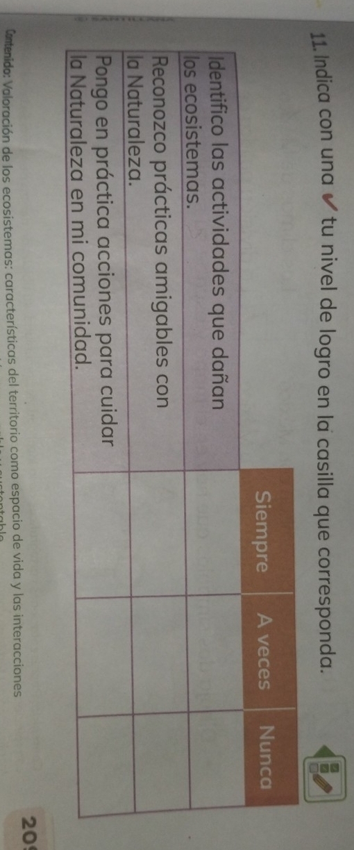 Indica con una ✔ tu nivel de logro en la casilla que corresponda. 
20 
Contenido: Valoración de los ecosistemas: características del territorio como espacio de vida y las interacciones