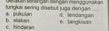 Gerákán serängán dengan menggunakan
tungkai sering disebut juga dengan ....
a. pukulan d. tendangan
b. elakan e. tangkisan
c. hindaran