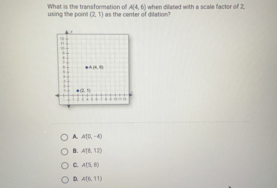 What is the transformation of A(4,6) when dilated with a scale factor of 2,
using the point (2,1) as the center of dilation?
A. A(0,-4)
B. A(8,12)
C. A(5,8)
D. A(6,11)