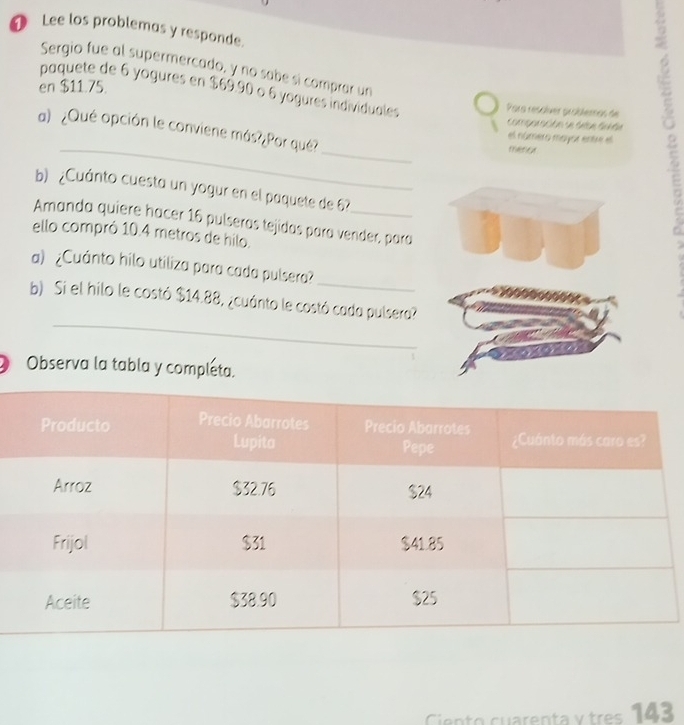 Lee los problemas y responde. 
Sergio fue al supermercado, y no sabe sí comprar un 
en $11.75. 
paquete de 6 yogures en $69.90 o 6 yogures individuales 
Para resolver problemas de 
Comporación se detbe Sandn 
_ 
_ 
a) ¿Qué opción le conviene más?¿Por qué? mesca 
el número mayor entre el 
b) ¿Cuánto cuesta un yogur en el paquete de 6? 
Amanda quiere hacer 16 pulseras tejidas para vender, para 
ello compró 10.4 metros de hilo. 
a) ¿Cuánto hilo utiliza para cada pulsera? 
_ 
_ 
b) Si el hilo le costó $14.88, ¿cuánto le costó cada pulsera? 
Observa la tabla y compléta. 
Ciento cuarenta x tres 143