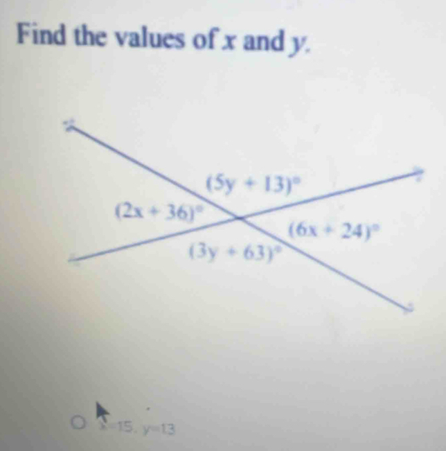 Find the values of x and y.
15. y=13