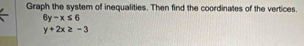 Graph the system of inequalities. Then find the coordinates of the vertices.
6y-x≤ 6
y+2x≥ -3