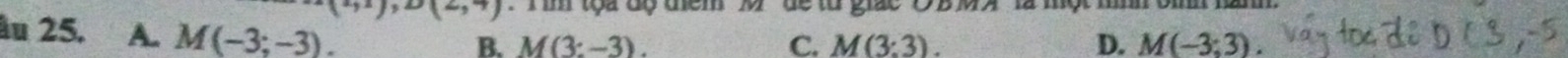 (2,2)(2(2,7) ' toa độ tem 'M de từ giắc C BMA' là một mh o 
âu 25. A. M(-3;-3).
B. M(3:-3). C. M(3:3). D. M(-3;3)
