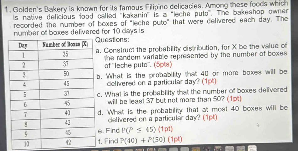 Golden's Bakery is known for its famous Filipino delicacies. Among these foods which 
is native delicious food called “kakanin” is a “leche puto”. The bakeshop owner 
recorded the number of boxes of “leche puto” that were delivered each day. The 
number of boxes delivered for 10 days is 
uestions: 
. Construct the probability distribution, for X be the value of 
the random variable represented by the number of boxes 
of “leche puto”. (5pts) 
. What is the probability that 40 or more boxes will be 
delivered on a particular day? (1pt) 
c. What is the probability that the number of boxes delivered 
will be least 37 but not more than 50? (1pt) 
d. What is the probability that at most 40 boxes will be 
delivered on a particular day? (1pt) 
e. Find P(P≤ 45)(1pt)
f. Find P(40)+P(50) (1pt)