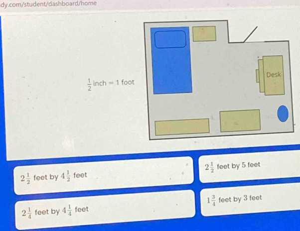  1/2  inch =1 foot
2 1/2 
2 1/2  feet by 4 1/2  feet feet by 5 feet
1 3/4 
2 1/4  feet by 4 1/4  feet feet by 3 feet